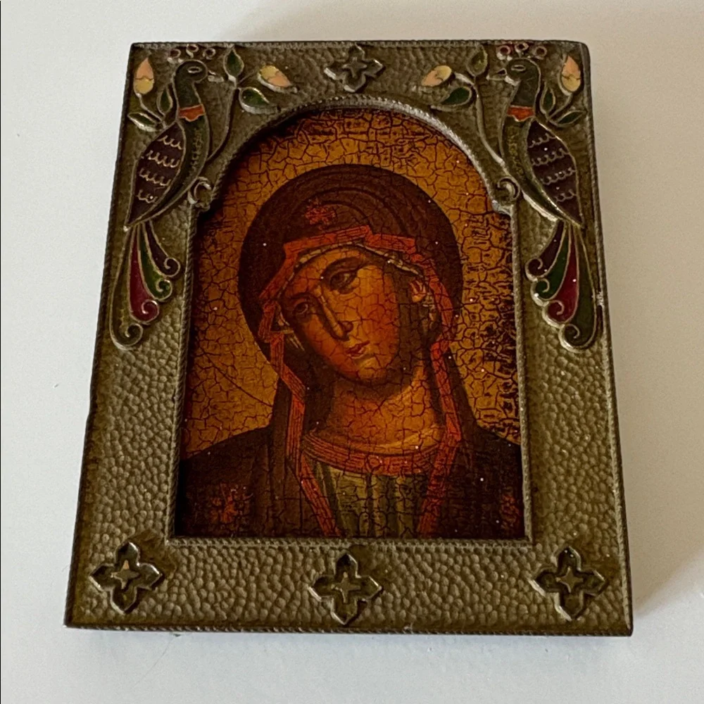 Icon of the Virgin Mary, Mother of God in Metal Cloisonné Peacock Enamel Frame - Picture 7 of 8